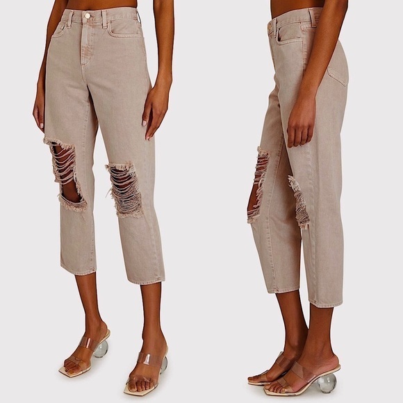 NWT L’AGENCE 90s High Waist‎ Khaki Distressed Denim Rip Knee Ankle Crop Jean 25 - Picture 2 of 8